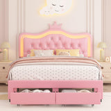 Keyluv Pink LED Upholstered Crown Bed Frame with Storage Drawer and Adjustable Headboard Keyluv