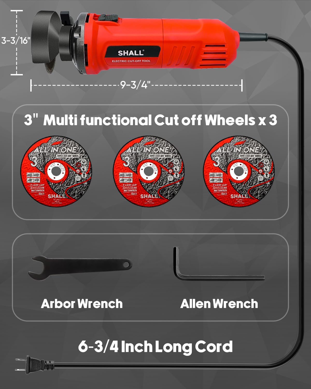 SHALL 3 Inch High-Speed Cut Off Tool, 3.5 Amp Metal Cutter Tool with 3Pcs Multifunctional Cutoff Wheels, 24000RPM Electricl Metal Cutting Tools for Steel, Inox, PVC, Aluminum SHALL