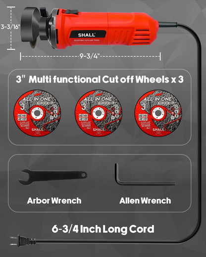 SHALL 3 Inch High-Speed Cut Off Tool, 3.5 Amp Metal Cutter Tool with 3Pcs Multifunctional Cutoff Wheels, 24000RPM Electricl Metal Cutting Tools for Steel, Inox, PVC, Aluminum - WoodArtSupply