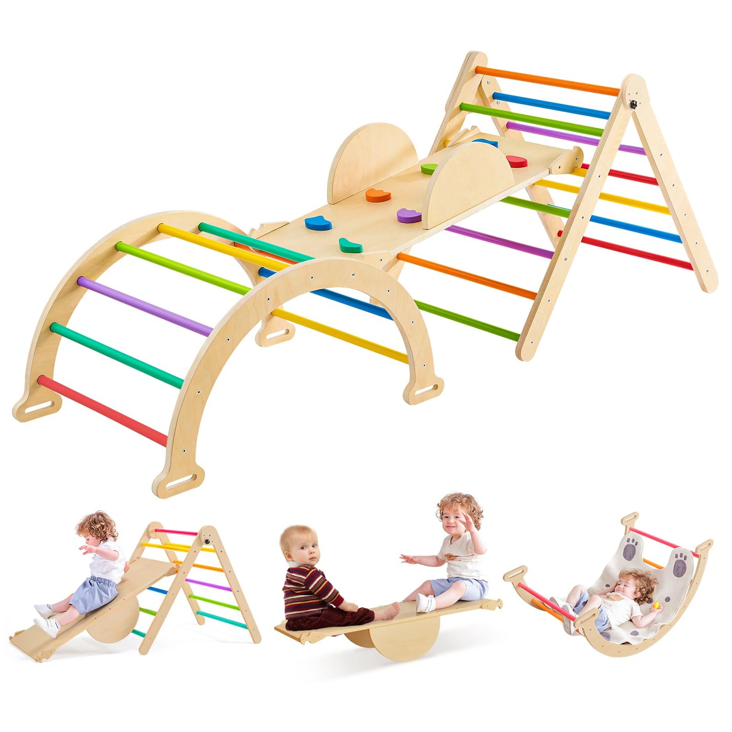 7-in-1 Rainbow Pikler Triangle Set, Montessori Foldable Large Size Baby Climbing Toys Indoor Gym for Toddlers 1-3 Wooden Climbing Set, Adjustable Height Pikler Triangle, Kids Toys with Ramp Sliding