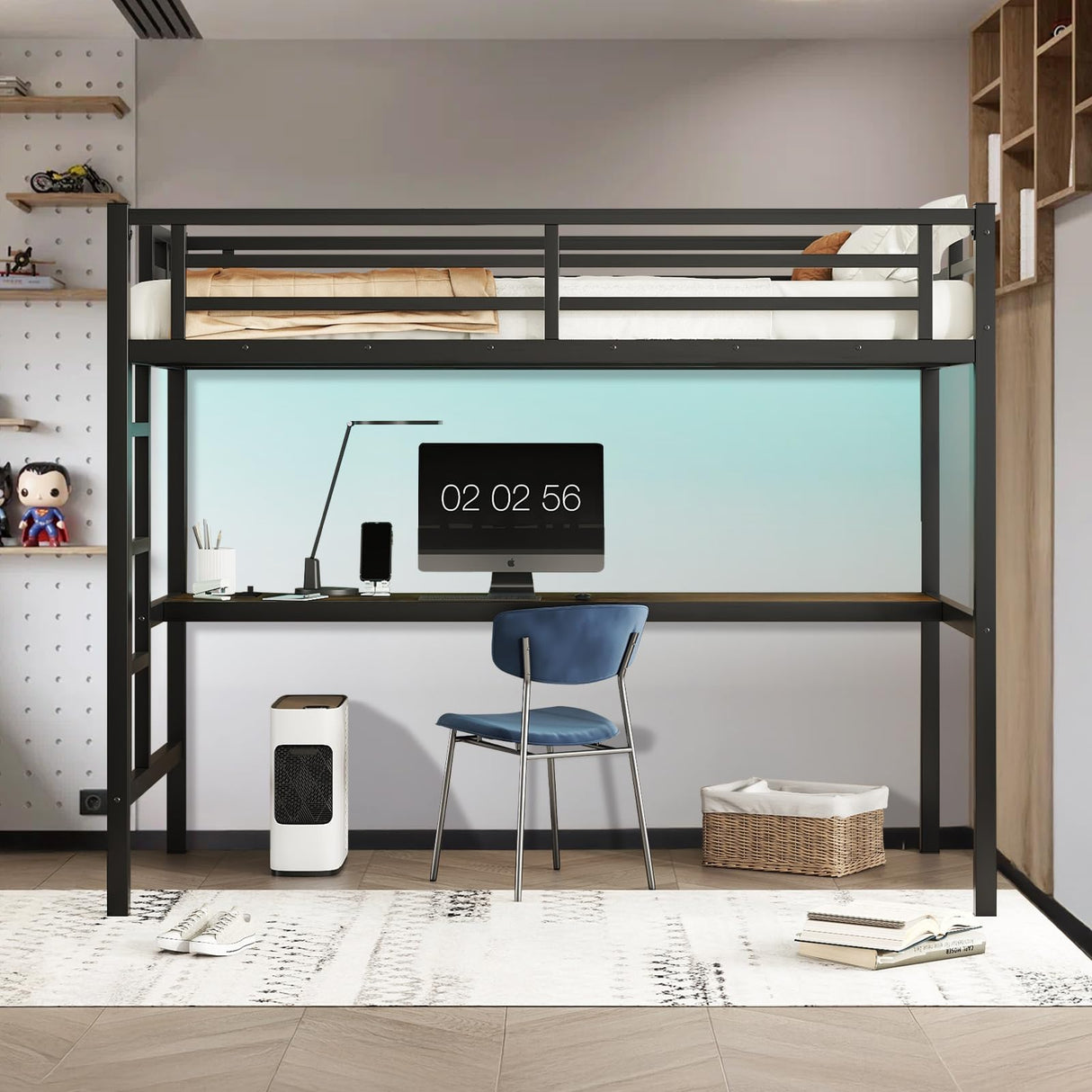 XUWANSHANG Loft Bed Twin XL Size with Desk, Metal Heavy Duty Loft Bed with LED Lights, USB Port, Twin XL Loft Bed Frames for Kids, Junior, Adults, Space Saving, Noise Free (Black, Twin XL) XUWANSHANG