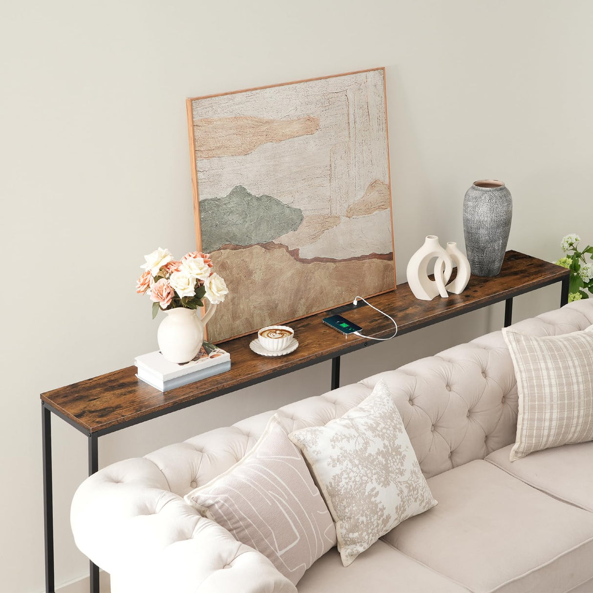 MAHANCRIS 78.7" Console Table with USB Ports, Sofa Table, Narrow Entryway Table with Outlets, 11.8" Wide Couch Table, Industrial Entry Table for Hallway, Living Room, Bedroom, Rustic Brown CTHR320E01 MAHANCRIS