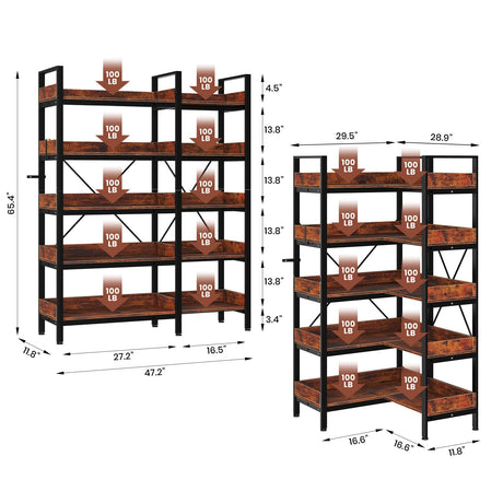 5-Tier Corner Bookshelf, L-Shaped Reversible Bookshelf, 65" Industrial Wooden Bookcase with Open Shelves, Metal Frame Shelf with Adjustable Feet, Corner Storage Rack for Home Office, Rustic Brown GarveeLife