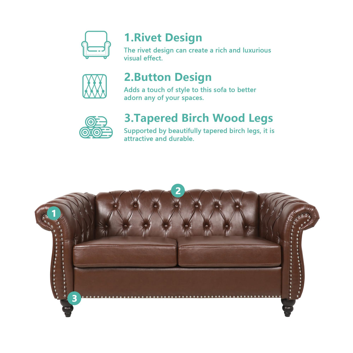 QHITTY Chesterfield Loveseat, Accent Sofa Modern Leather Couch Upholstered Sofa with Tufted Back for Living Room Furniture (Dark Brown) QHITTY