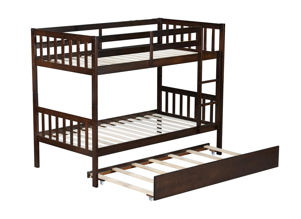 PVWIIK Convertible Bed Frame/Twin Size Rubber Wood Bunk Bed with Trundle for Kids/Boy/Girl Bedroom,Twin Over Twin Bunk Bed with Ladder and Safety Guardrails,No Box Spring Needed,Espresso PVWIIK