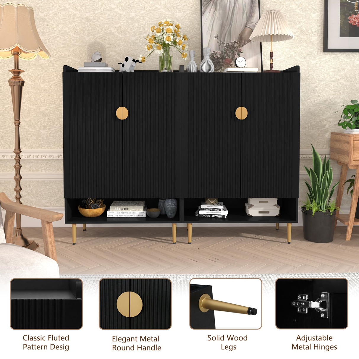 HLR Modern Shoe Cabinet Storage for Entryway, 6-Tiers Shoes Cabinet with Fluted Doors, Wood Shoes Rack with Adjustable Shelves, Black Shoe Organizer for Front Door Entrance, Closet, Living Room HLR