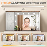 CUOZOVA Farmhouse Vanity Desk with Mirror and Lights, Glass Tabletop Vanity with Charging Station，Vanity Table with 3 Drawers & 3 Cabinets, White Rustic Makeup Vanity for Bedroom CUOZOVA