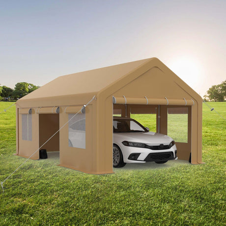 13x20FT Portable Garage, 13'x20' Carport Heavy Duty, Galvanized Frame & 180 g PE Waterproof Canopy, with 2 Doors, and 4 Windows, for Pickup Truck, and Boat Hipicute
