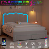 Full Upholstered LED Bed Frame with 2 Storage Drawers and Adjustable Chic Double Wavy Headboard, Velvet Prince Platform Bed with Charing Station, Solid Wood Slats Support,No Box Spring Needed,Grey Jocoevol