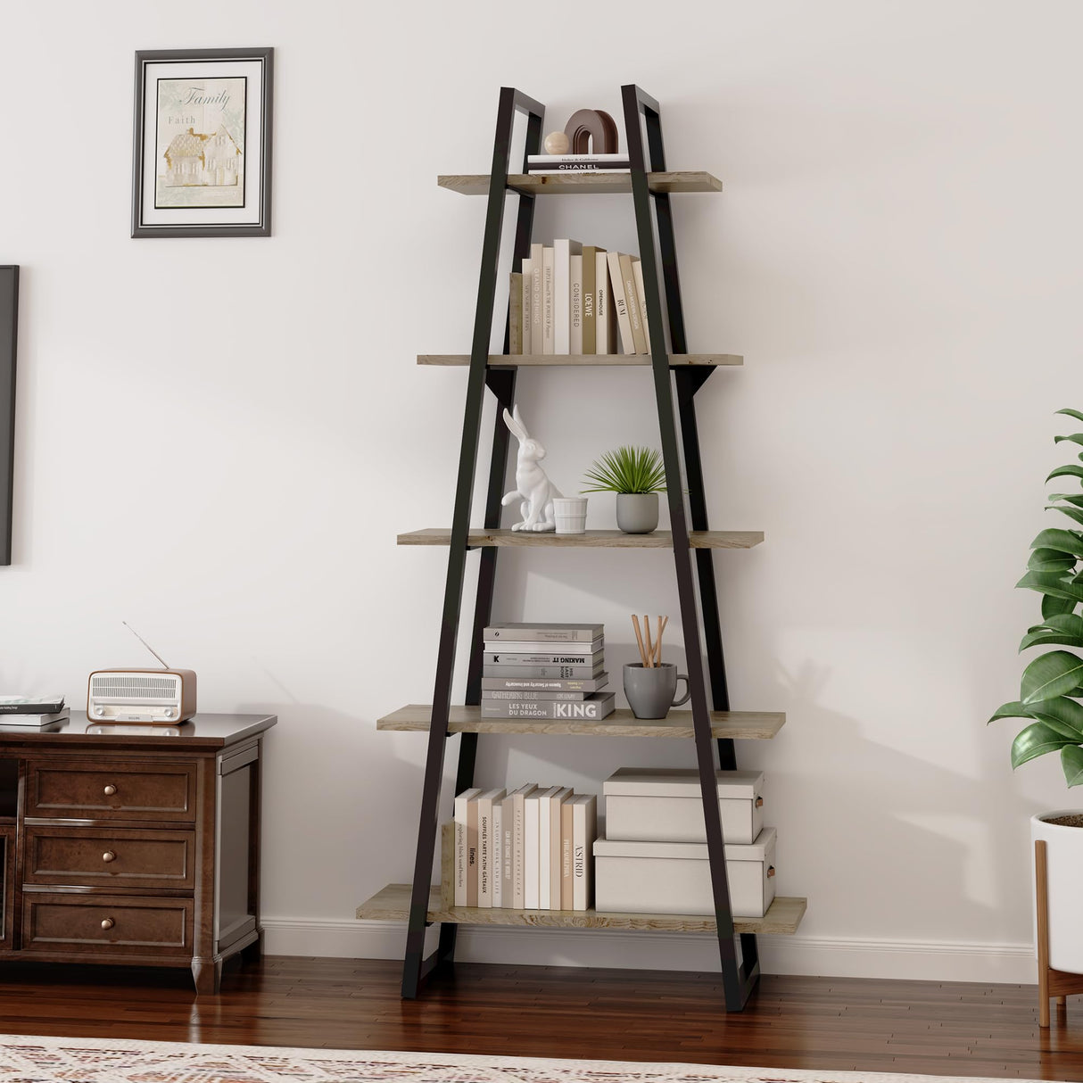 IDEALHOUSE 72" Book Shelf with Metal Frame, A-Shape Ladder Shelf with 5-Tier Wood Adjustable Shelves, Industrial Bookcase with Function Bezel for Home Living Room Bedroom Office Storage, Rustic Oak IDEALHOUSE