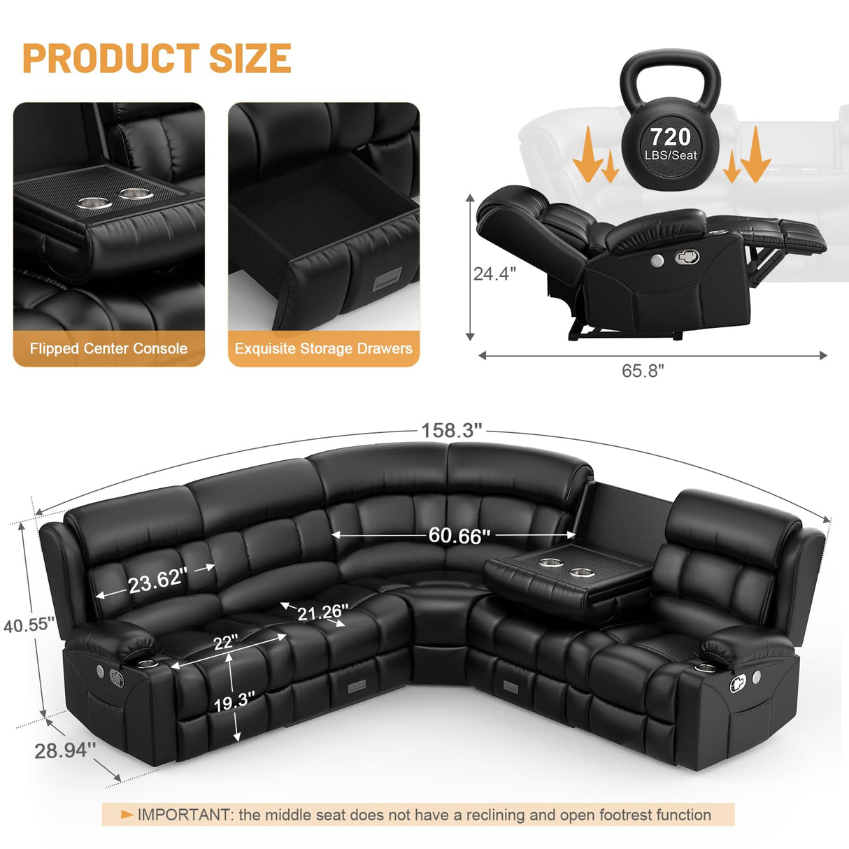 Dresegmt Recliner Sectional Sofa, 5 Seat L-Shaped Manual Reclining with Flip Middle Backrest Design, Large Storage Drawer, USB Ports, Sofa Couch for Home Theater (Black) Dresegmt