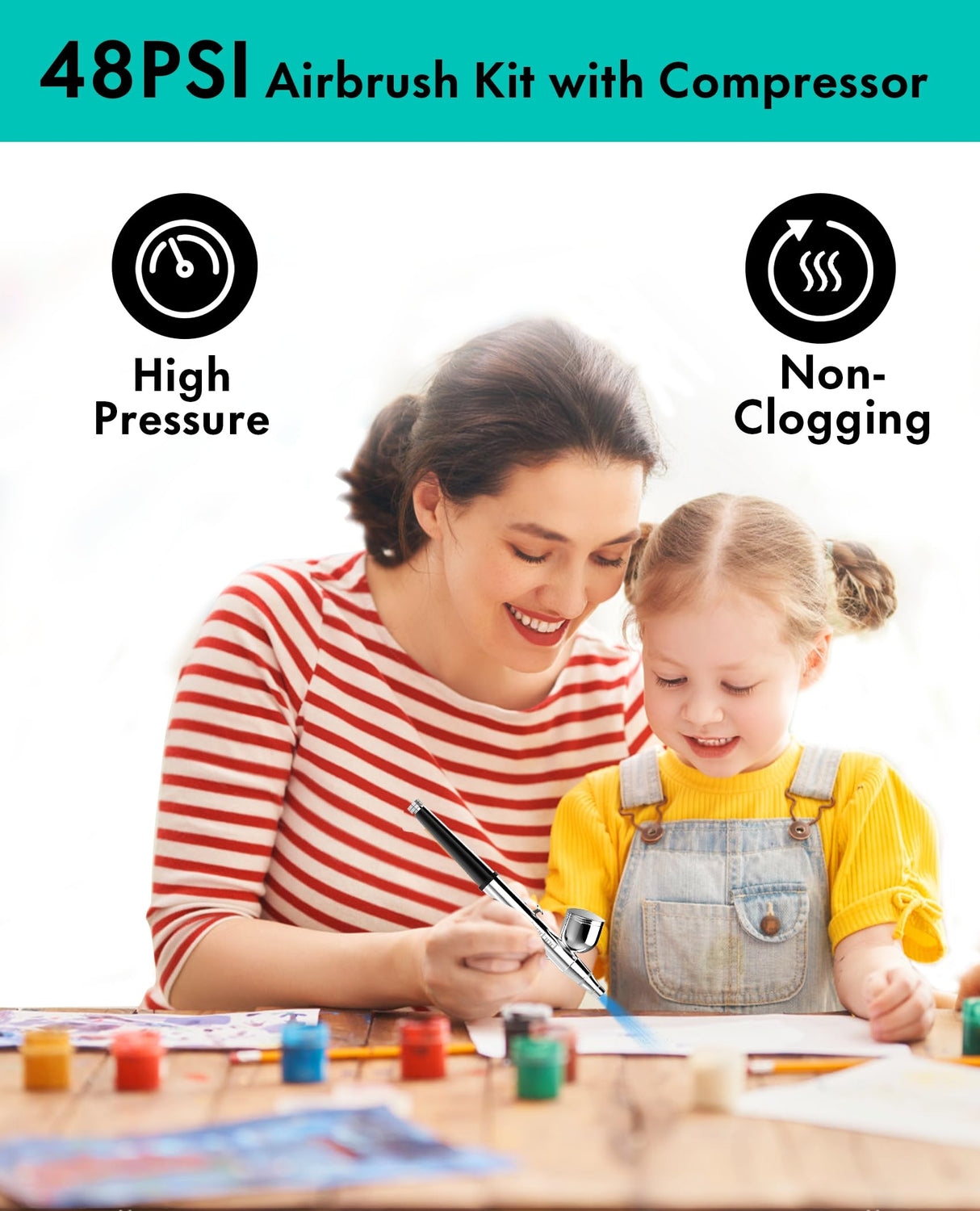 Gocheer Airbrush Kit with Air Compressor, 40 48 PSI High Pressure Air Brush Non-Clogging with 0.2/0.3/0.5mm Nozzle/Cleaning Sets, Ideal for Painting, Modeling, Cake Decor, Makeup (Black, 48 PSI) Gocheer