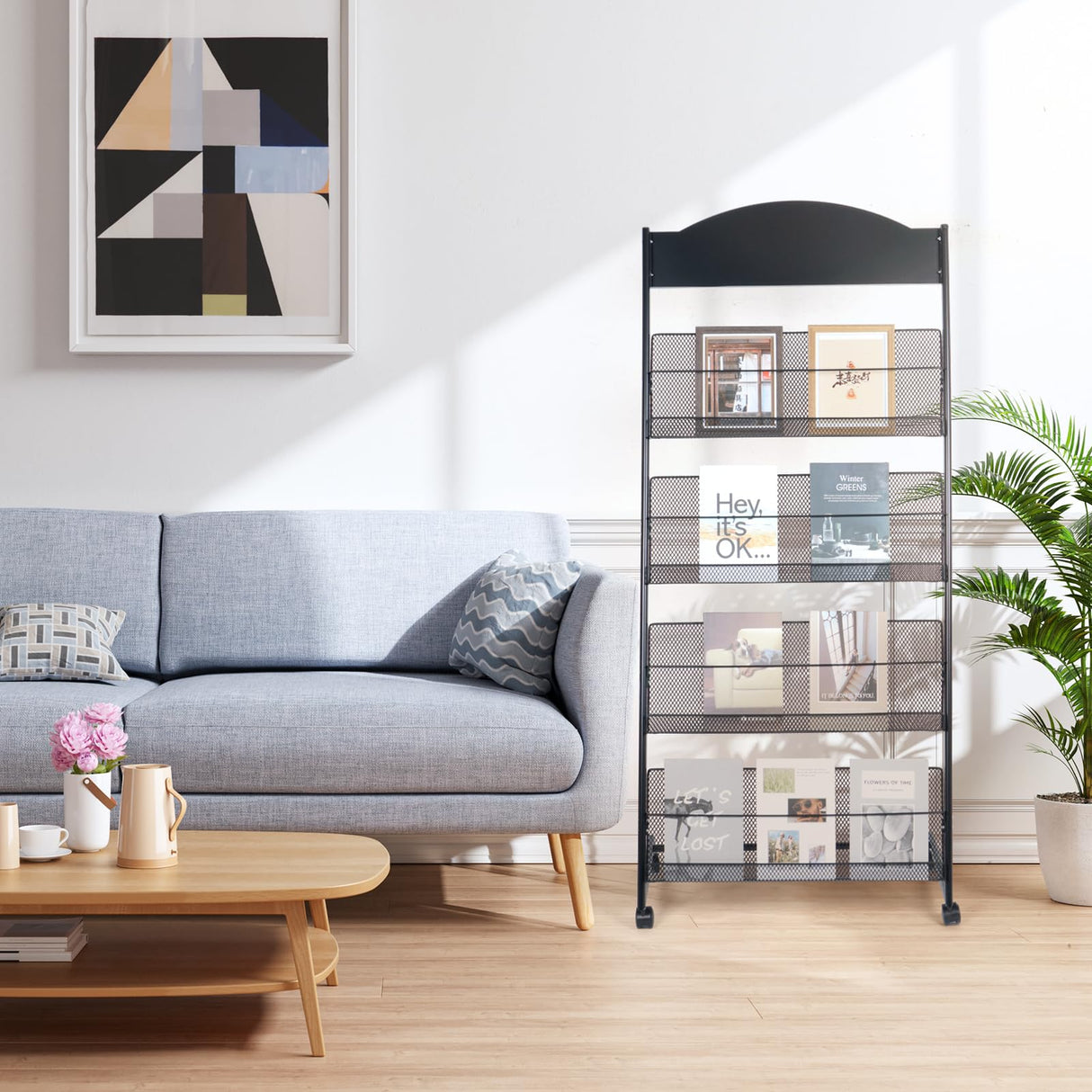 lesolar Floor-Standing Magazine Rack 4-tier Newspaper Holder Book Display Shelf Brochure Display Stand Floor Suitable for Exhibitions Shopping Malls Hospitals Offices School (Black) lesolar