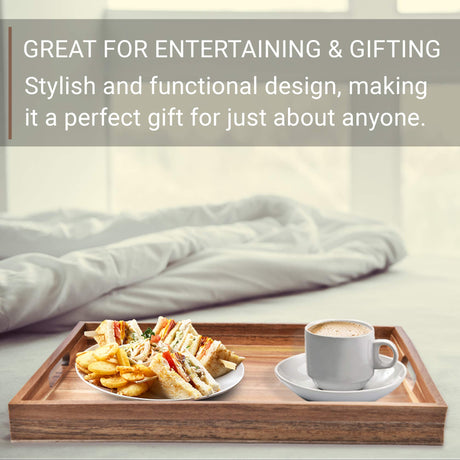 Acacia Wood Serving Tray with Handles Set of 2 – Decorative Serving Trays Platter for Breakfast in Bed, Lunch, Dinner, Patio, Ottoman, Coffee Table, BBQ, Party –Great for Lap &Couch ZESPROKA
