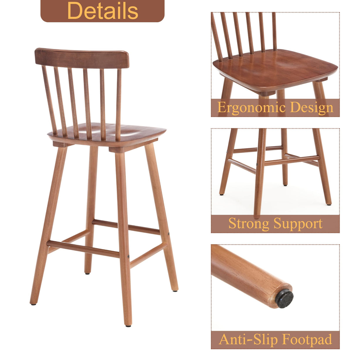 Janoray 26 Inch Bar Stools Set of 2 Windsor Barstools Farmhouse Wooden Counter Height Barstool with Spindle Back Armless Barchair for Kitchen Island/Pub/Cafe/Outdoor, Walnut Janoray