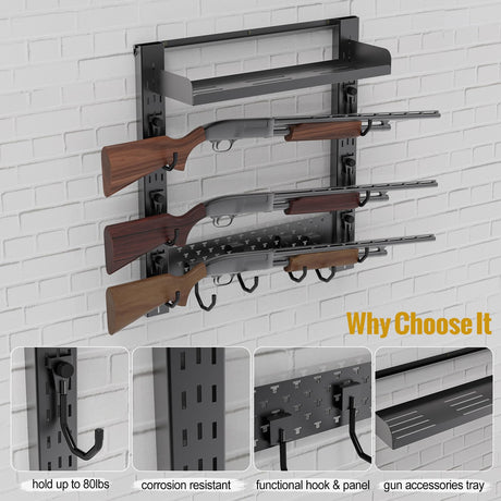 OneTigris Gun Rack Wall Mount 12, Hold Up 80lbs Indoor Gun Rack for Wall with Shelf Horizontal with 10 Hooks and 1 Removable Gun Accessories Tray 21.5"*22.1" ONETIGRIS
