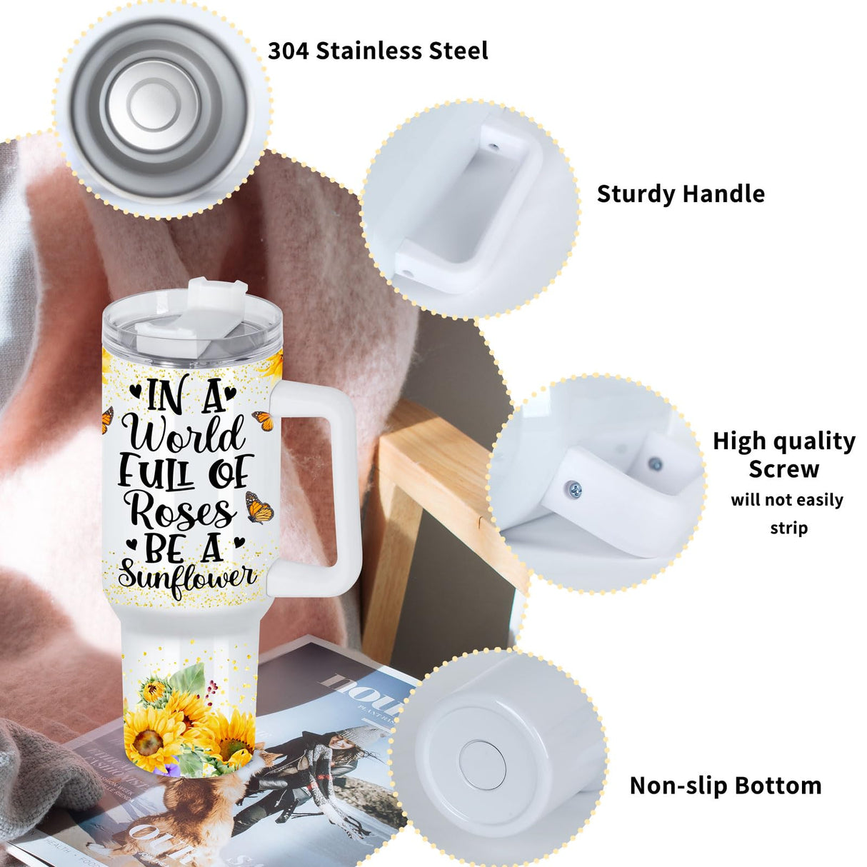 Maucircol 40 Oz Sublimation Tumbler with Handle 4 Pack, Stainless Steel Sublimation Tumbler Mug Blanks with Handle, White Maucircol