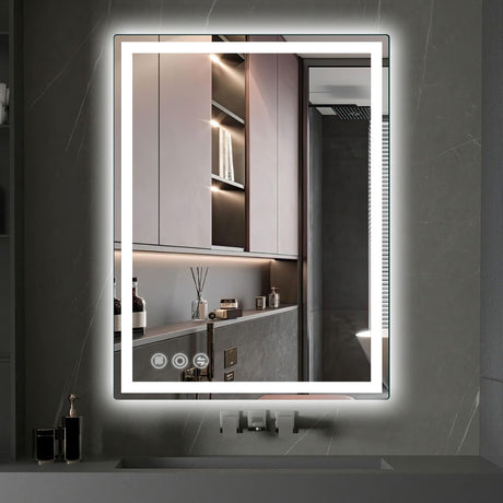 Memobarco LED Mirror for Bathroom 20"x 28" with Frontlit and Backlit, Anti-Fog Mirror with Lights, Stepless 3 Colors Temperature & Dimmable Bathroom Mirror, Memory Tempered Glass Mirror for Bathroom Memobarco