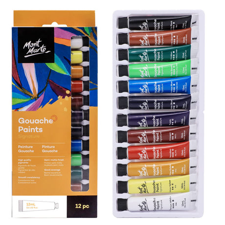 Mont Marte Signature Gouache Paint, 12 x 0.4oz (12ml), Semi-Matte Finish, 12 Colors, Suitable for use with Canvas, Watercolor Paper, Watercolor Paints and Mixed Media Mont Marte