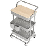 3 Tier Rolling Cart, with Table Top, Rolling Storage Cart with Handles and Locking Wheels, Utility Cart with 2 Small Baskets and 4 Hooks for Bathroom. Office, Balcony, Living Room (Grey) Koolerthings Expansion Wellness