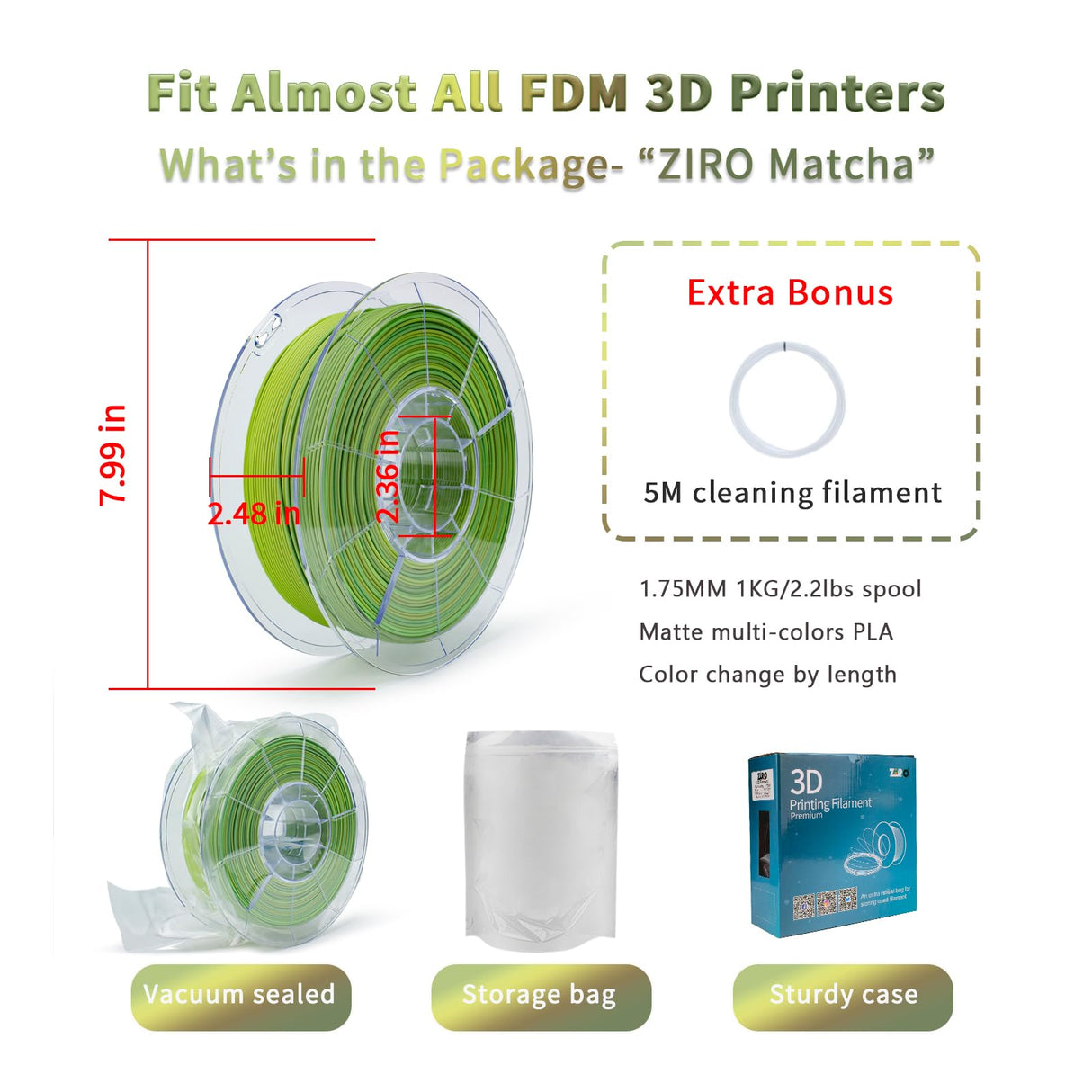 ZIRO 3D Printer Filament, Matte PLA Filament 1.75mm,No-Shine Multicolor Rainbow PLA for 3D Printing, Fit for Most FDM Printers, 1KG/2.2lbs Spool, Matcha ZIRO