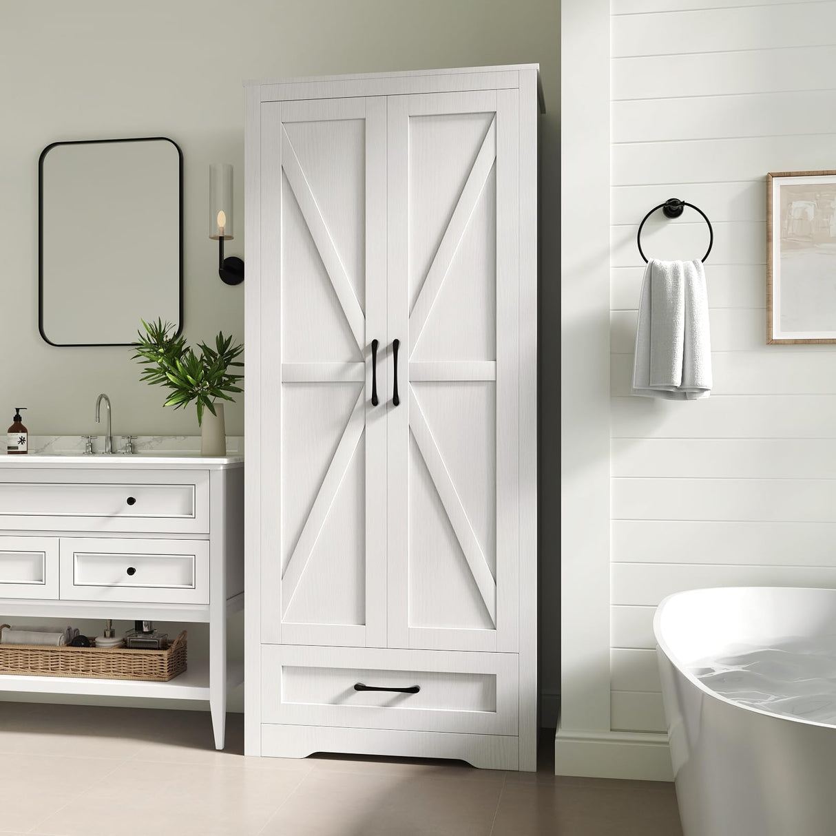 NOVAMAISON Farmhouse Kitchen Pantry Cabinet - 72” Tall Storage Cabinet w/Barn Doors & Adjustable Shelves & Drawer, White Cabinet Freestanding Wood Storage Cabinet for Kitchen, Dining Room, Bathroom NOVAMAISON