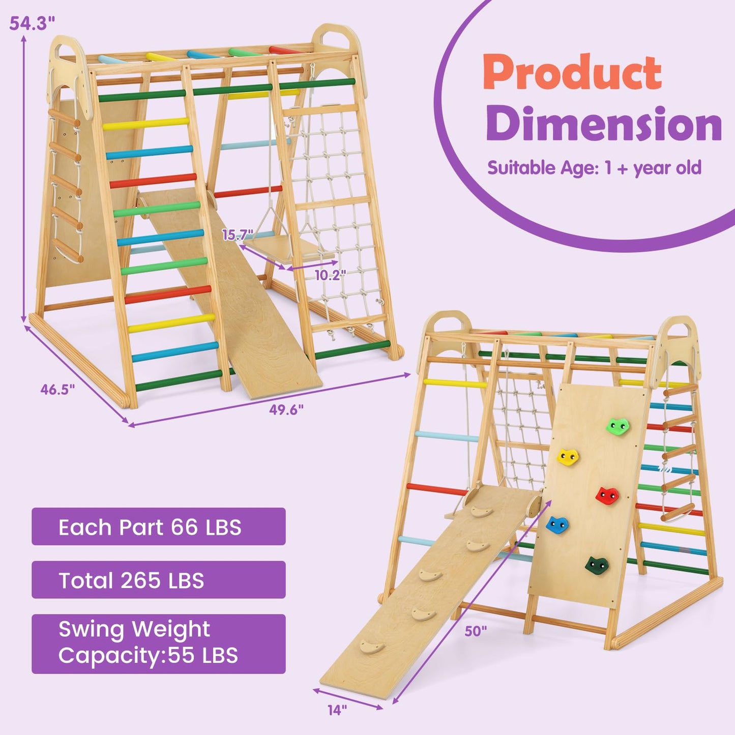 INFANS Indoor Jungle Gym, 8 in 1 Kids Montessori Indoor Playground Climbing Playset for Toddlers with Slide Swing Net Monkey Bars Rope Ladder, Wood Climber Toys for Boys Girls