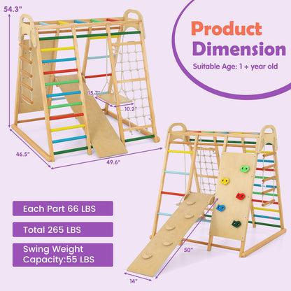 INFANS Indoor Jungle Gym, 8 in 1 Kids Montessori Indoor Playground Climbing Playset for Toddlers with Slide Swing Net Monkey Bars Rope Ladder, Wood Climber Toys for Boys Girls