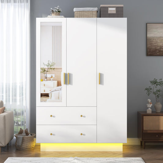 3 Doors Armoire Wardrobe Closet with Mirror, LED Armoire with Doors and Drawers, Wooden Armoire Storage Cabinet with Hanging Rod, Adjustable Shelves, White