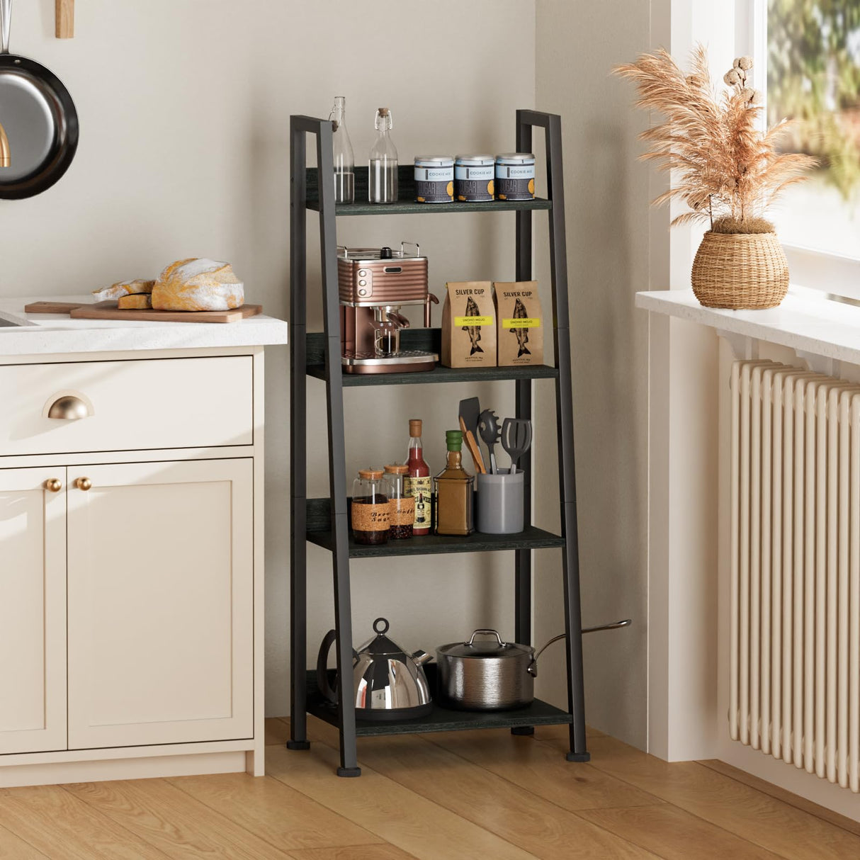 Furologee 4-Tier Ladder Shelf, Ladder Bookshelf with Removable Drawer, Bookcase Storage Rack Organizer, Freestanding Storage Shelves for Living Room, Home Office, Bedroom, Black Oak Furologee