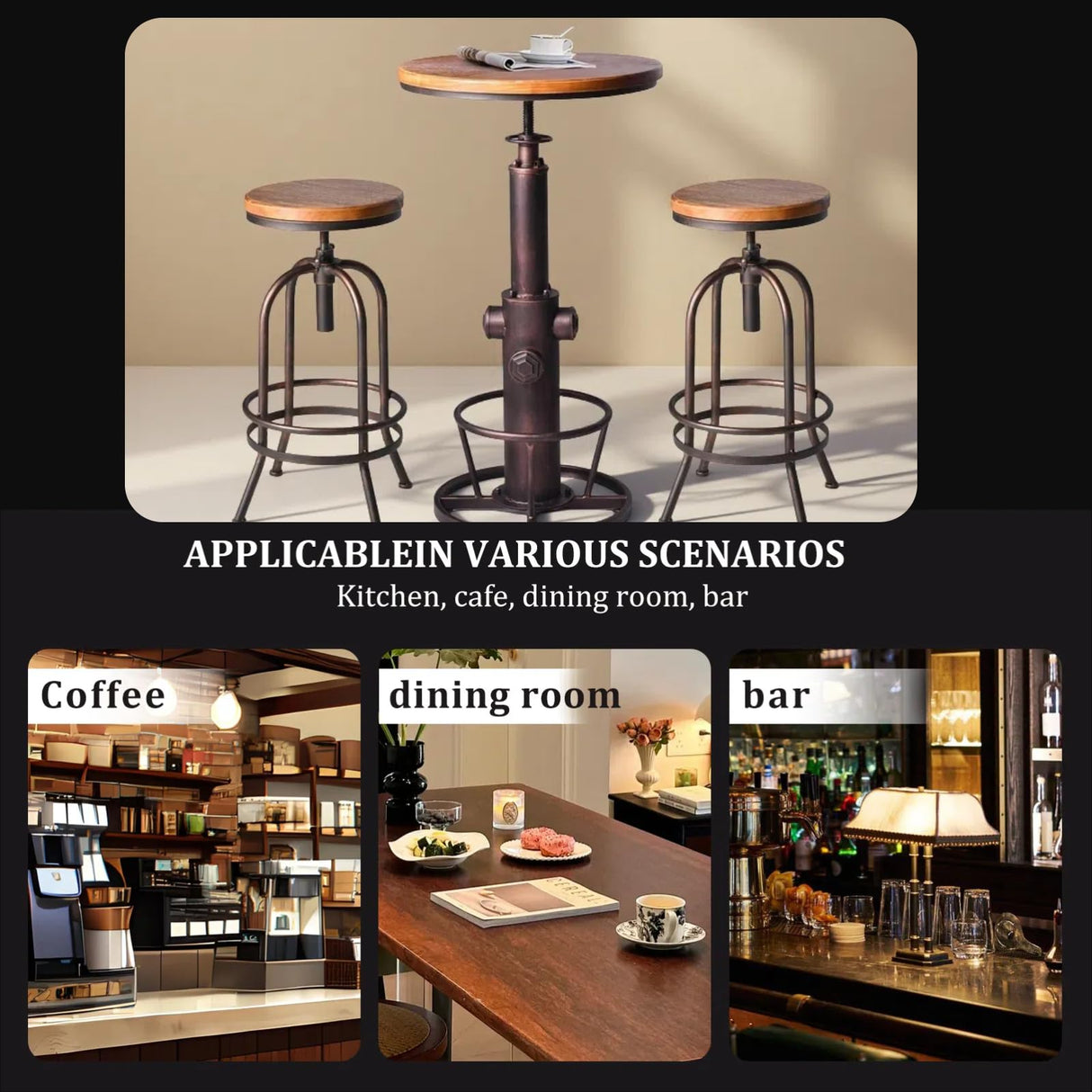 BOKKOLIK Industrial Bar Table Swivel Round Wooden Top Height Adjustable 38.6-44.4inch Vintage Kitchen Dining Chair Coffee Table Hydrant Design Bistro Table BOKKOLIK