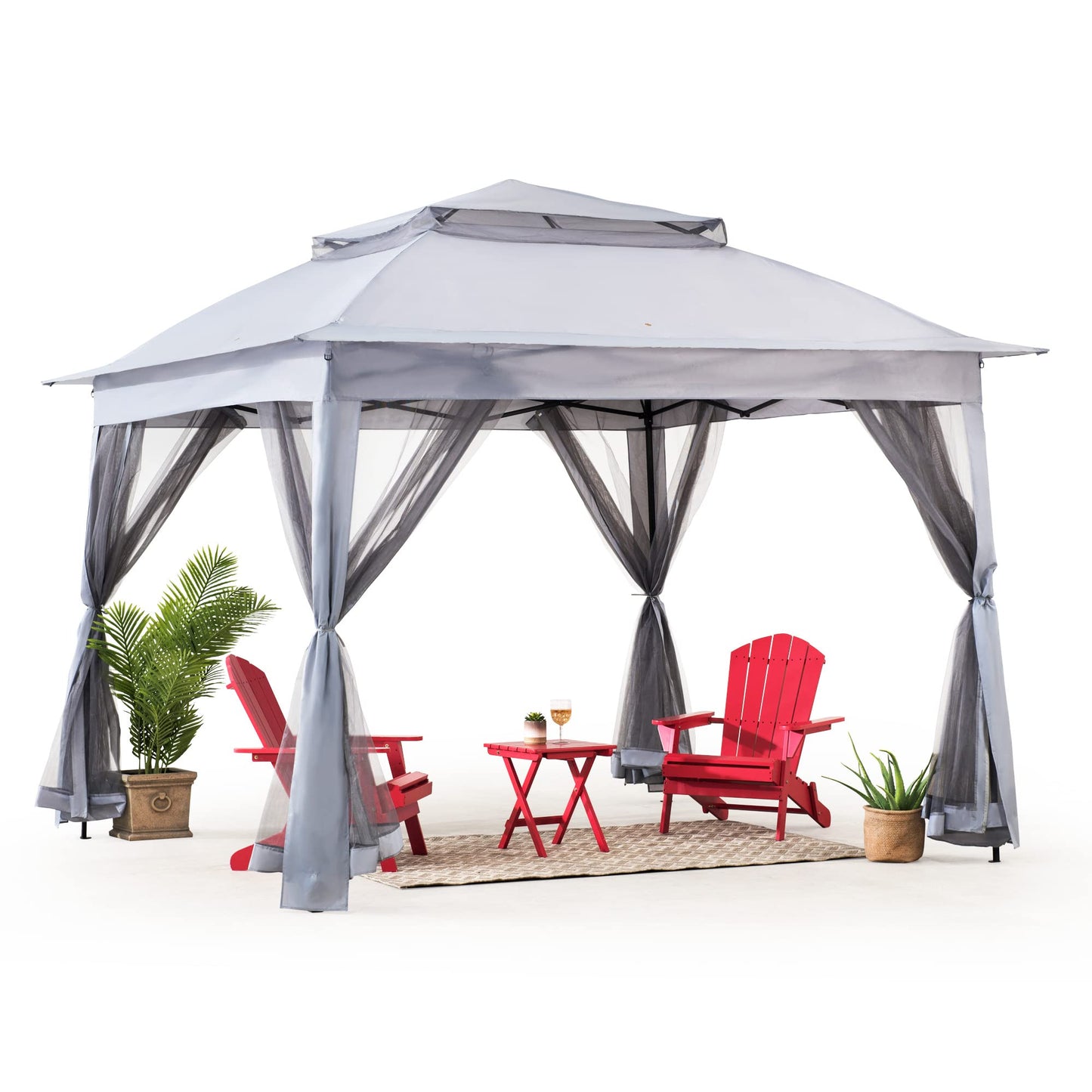 Sunjoy 11x11 ft. Pop-Up Instant Gazebo, Outdoor Portable Steel Frame 2-Tier Top Canopy/Tent with Netting and Carry Bag, Gray - WoodArtSupply