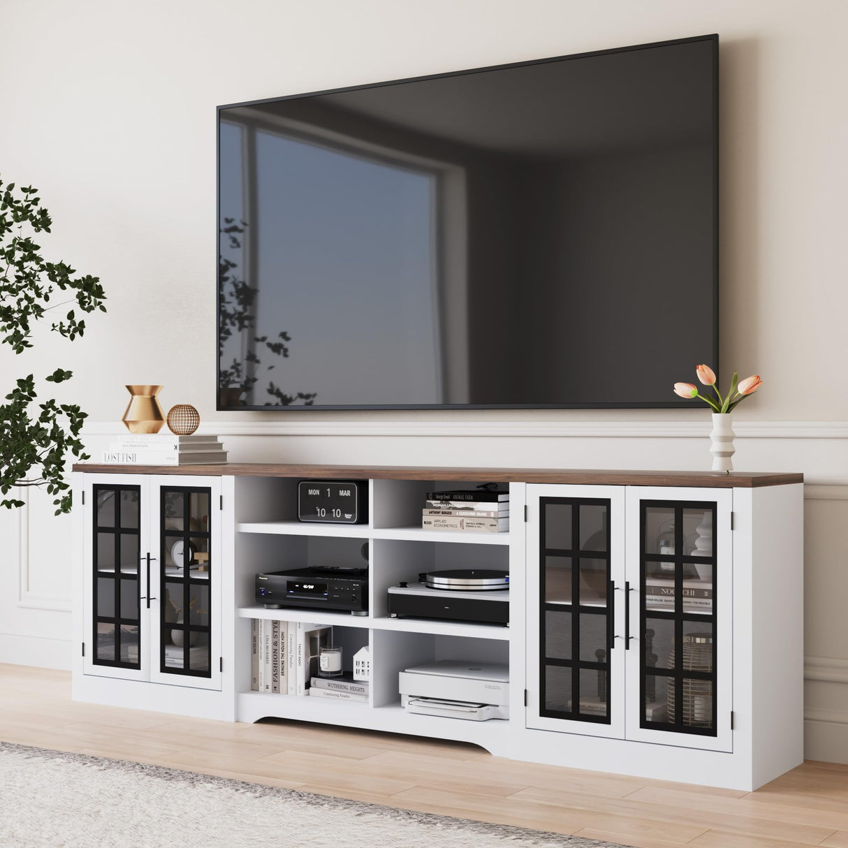 Bobve Farmhouse TV Stand for TVs up to 100", Modern Entertainment Center with 2 Cabinets and 3-Tier Open Shelves, Rustic TV Console for Living Room, Bedroom, White Bobve