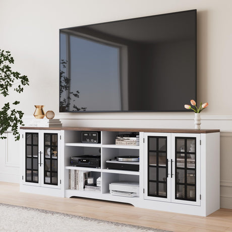 Bobve Farmhouse TV Stand for TVs up to 100", Modern Entertainment Center with 2 Cabinets and 3-Tier Open Shelves, Rustic TV Console for Living Room, Bedroom, White Bobve