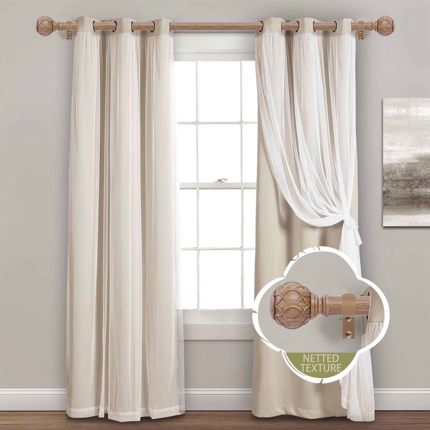 TANGWIN Wood Curtain Rods for Windows 48 to 84 Inch(4-7ft),1 Inch Adjustable Curtain Rod,Heavy Duty Curtain Rods,Wooden Netted Texture Finials Drapery Rods,Single Window Curtain Rod 36-88",Brown Wood