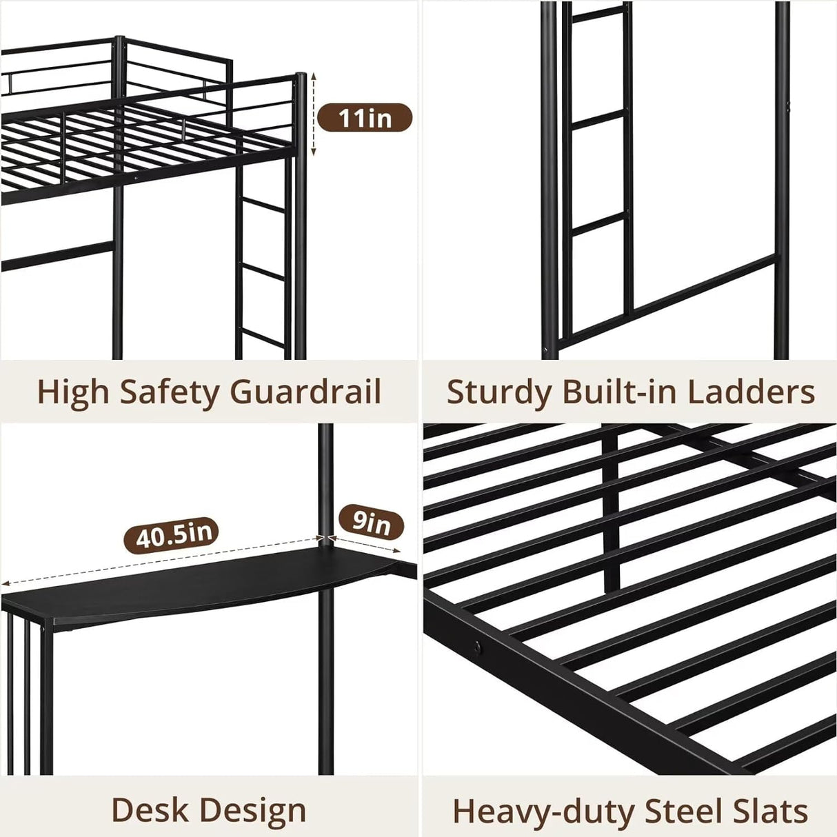 Twin Over Full Bunk Bed, Metal L-Shaped Bunk Bed Frame with Desk, Guardrail and Ladder, Space Saving Bed for Boys Girls, Convertible Into Twin Loft Bed & Full Platform Bed, Noise Free, Black TRIPLE TREE