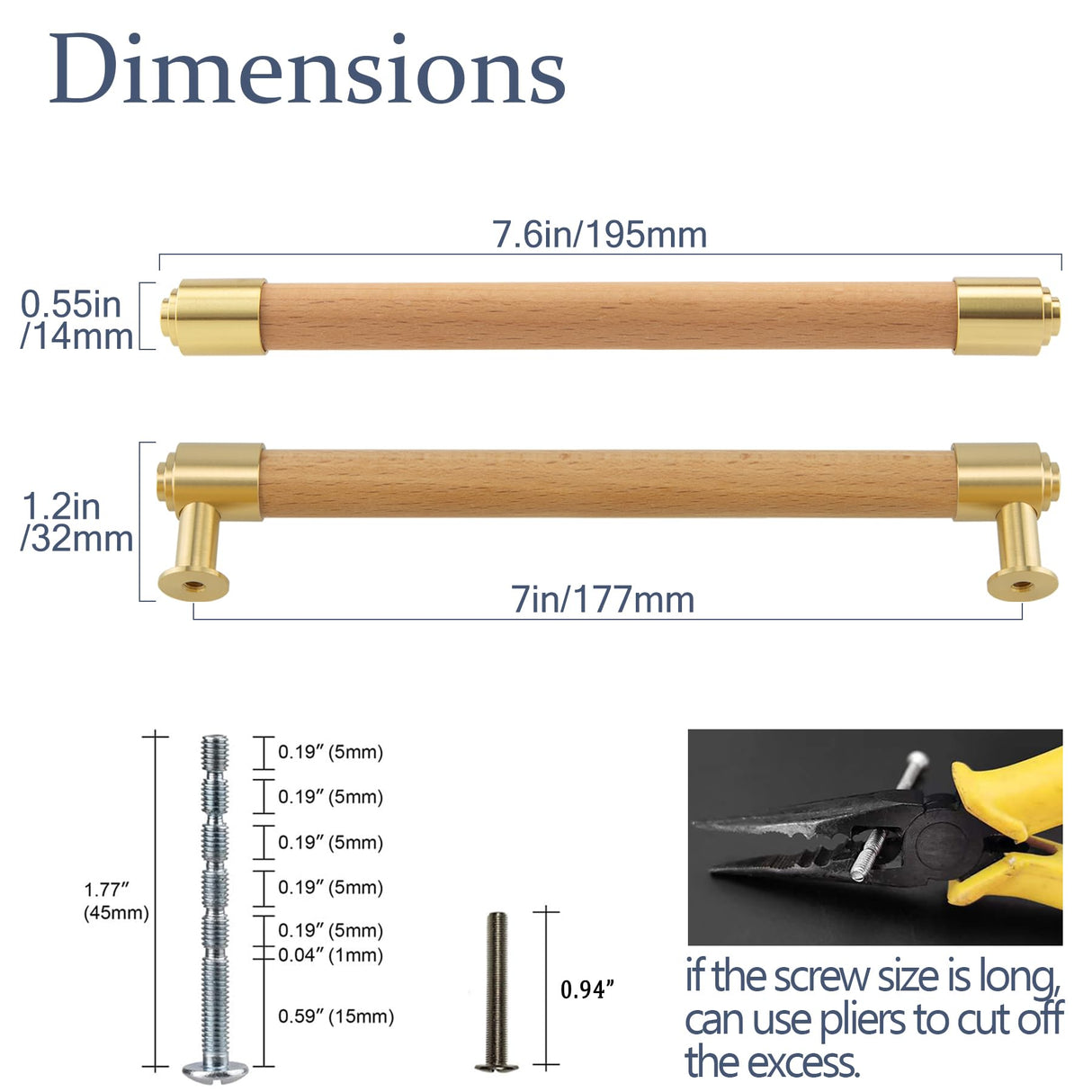 KOXHERO Wood and Brass Cabinet Pulls 7 Inch Center to Center Double Hole 4Pack Modern Kitchen Drawer Handle Unfinished Dresser Knob for Closet Cupboard Wardrobe Brushed Finish KOXHERO