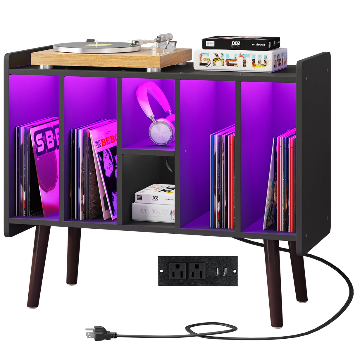 Clikuutory Large Record Player Stand, Vinyl Record Storage Cabinet with Power Outlet & LED Lights Holds Up to 200 Albums, Turntable Stand with Round Wood Legs for Bedroom, Living Room, Black Clikuutory