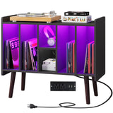 Clikuutory Large Record Player Stand, Vinyl Record Storage Cabinet with Power Outlet & LED Lights Holds Up to 200 Albums, Turntable Stand with Round Wood Legs for Bedroom, Living Room, Black Clikuutory