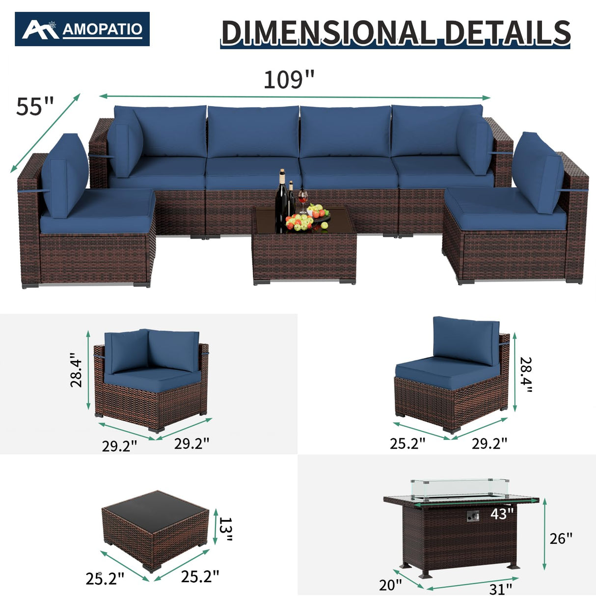 Amopatio Outdoor Patio Furniture Set, 14 Pieces PE Wicker Pit Sectional Sofa with Blue Cushions, Coffee Tables, All-Weather Covers, Patio Conversation Sets Fits Patio Deck Balcony Yard Amopatio