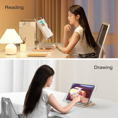 Adjustable Acrylic Book Stand for Reading, Book Holder with Pen Slot, Foldable Desktop Riser for Laptop, Recipe, Textbook - Hands-Free,Cookbook Stand, Clear Design with Page Clips UPERGO