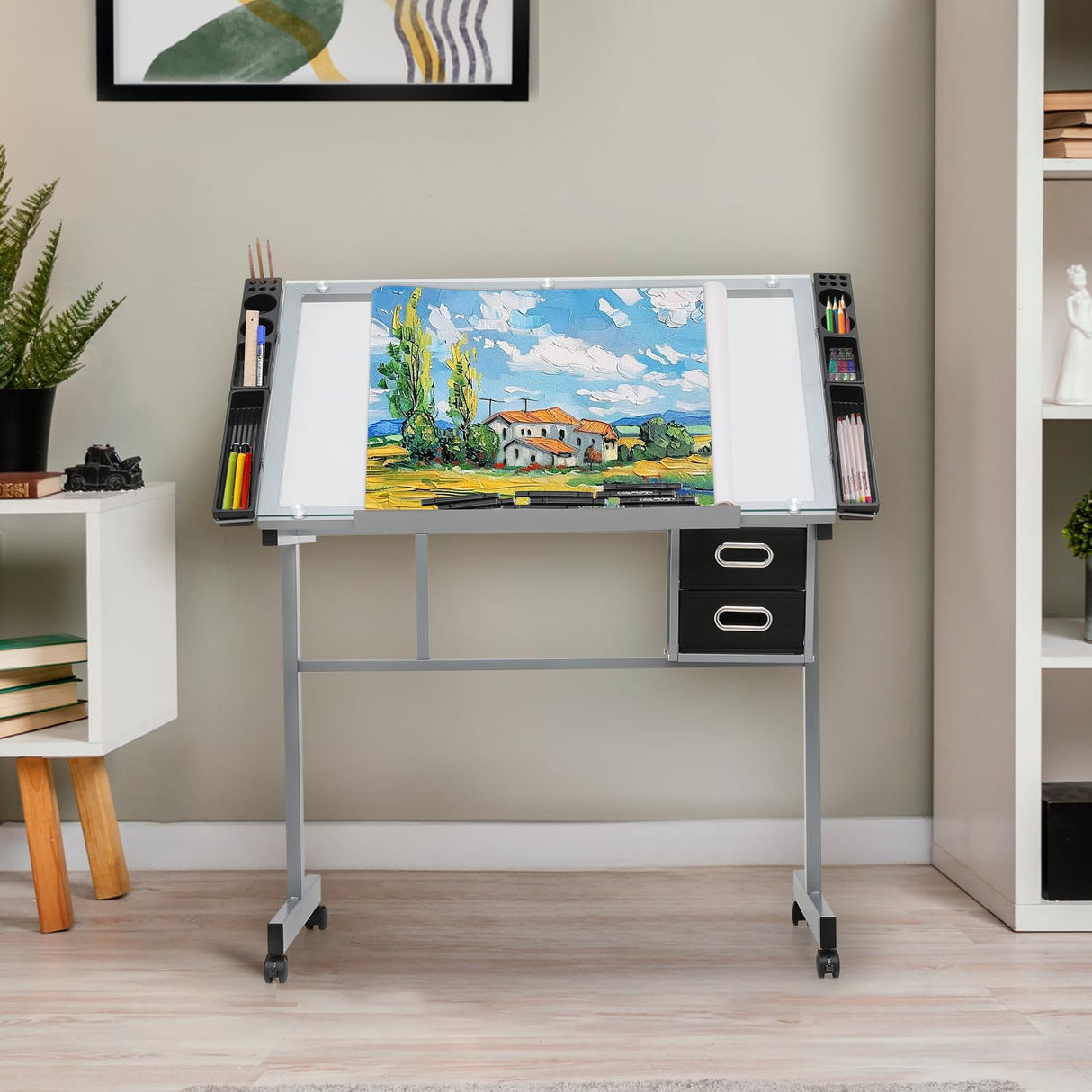 Athena Collection 41" Drafting Table Adjustable Angle Drawing Table Tempered Glass Art Desk Metal Frame Craft Desk Artist Desk with Fabric Drawers, Rolling Casters and Trays, Light Grey Athena Collection