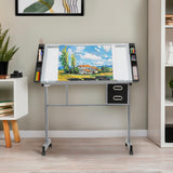 Athena Collection 41" Drafting Table Adjustable Angle Drawing Table Tempered Glass Art Desk Metal Frame Craft Desk Artist Desk with Fabric Drawers, Rolling Casters and Trays, Light Grey Athena Collection
