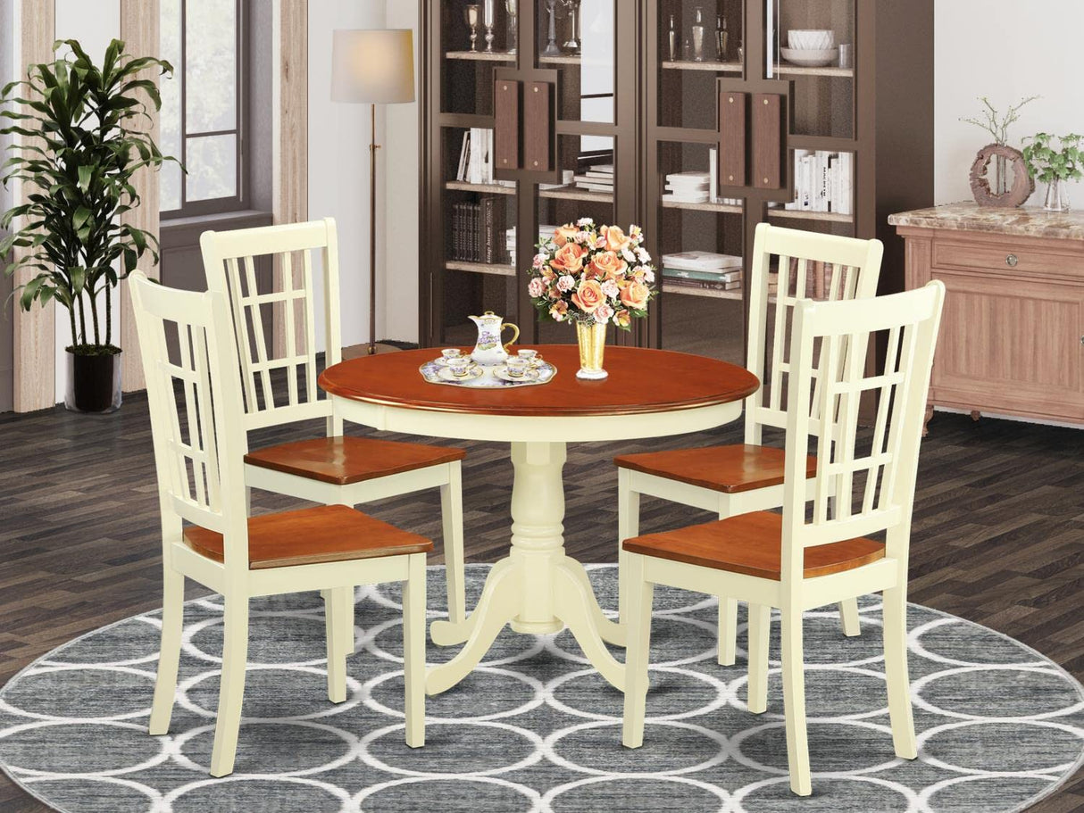 East West Furniture HLNI5-BMK-W 5 Piece Dining Room Furniture Set Includes a Round Dining Table with Pedestal and 4 Wood Seat Chairs, 42x42 Inch, Buttermilk & Cherry East West Furniture