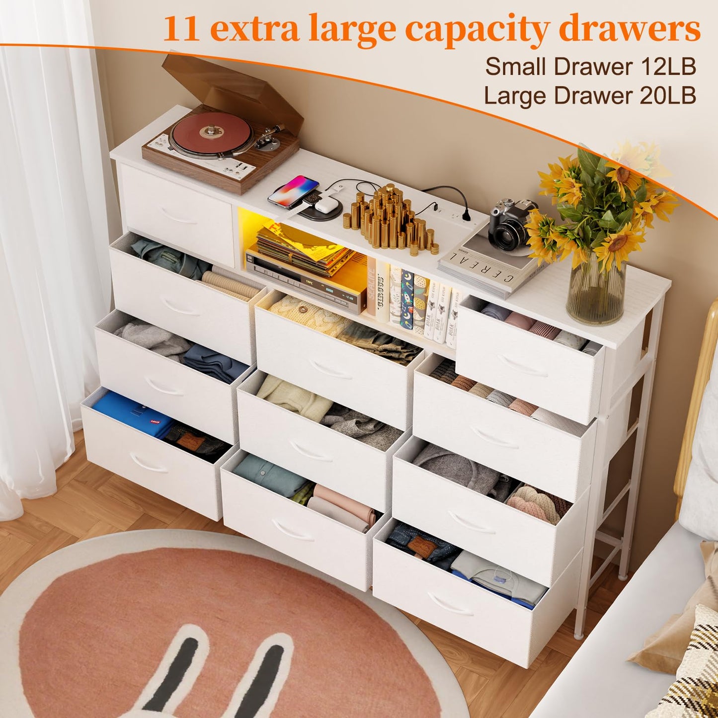 Fixwal Long Dresser for Bedroom with Charging Station and LED Lights, White Dresser TV Stand with 11 Drawers, Fabric Chest of Drawers with PU Finish for Bedroom, Living Room, Entryway