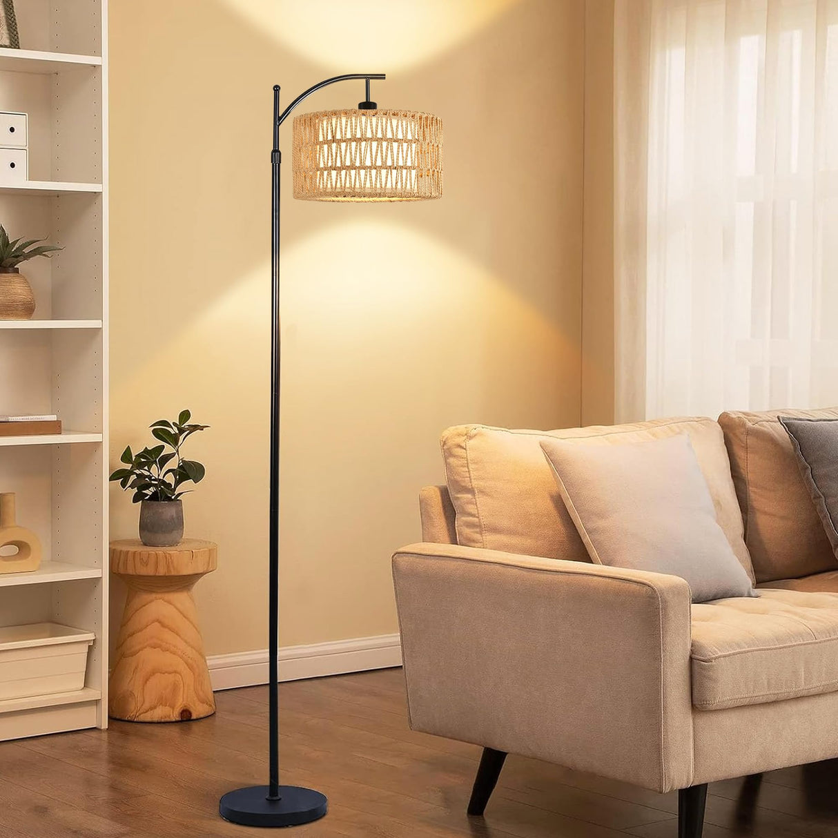 QIYIZM Floor Lamp for Living Room Bedroom with Remote Boho Rattan Arc Standing Lamp Dimmable Black Farmhouse Wicker Bamboo Lamp Shade Floor Light Adjustable Tall Lamp Industrial Floor Lamps Bohemian QIYIZM