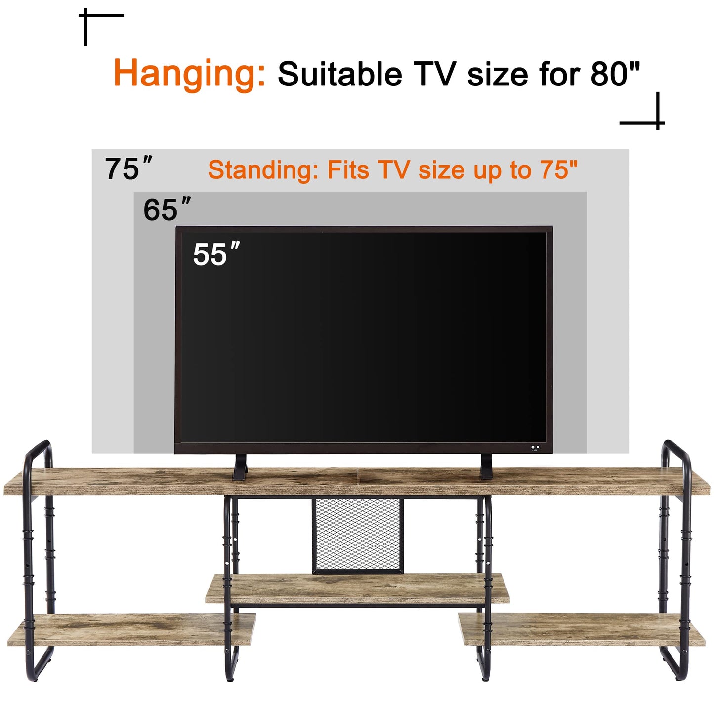 VECELO TV Stands for 75 Inch,Entertainment Center/Media Console Table with Adjustable Storage Shelves for Living Room/Bedroom,Grey