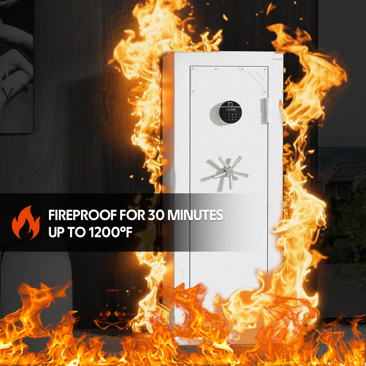 KAER Fireproof Gun Safe Biometric 20 Gun Safe for Rifles and Pistols 30 Minute Fire Protection Heavy-Duty Fingerprint Gun Cabinet for Shotguns with Digital Keypad, Large Quick Access (White) KAER