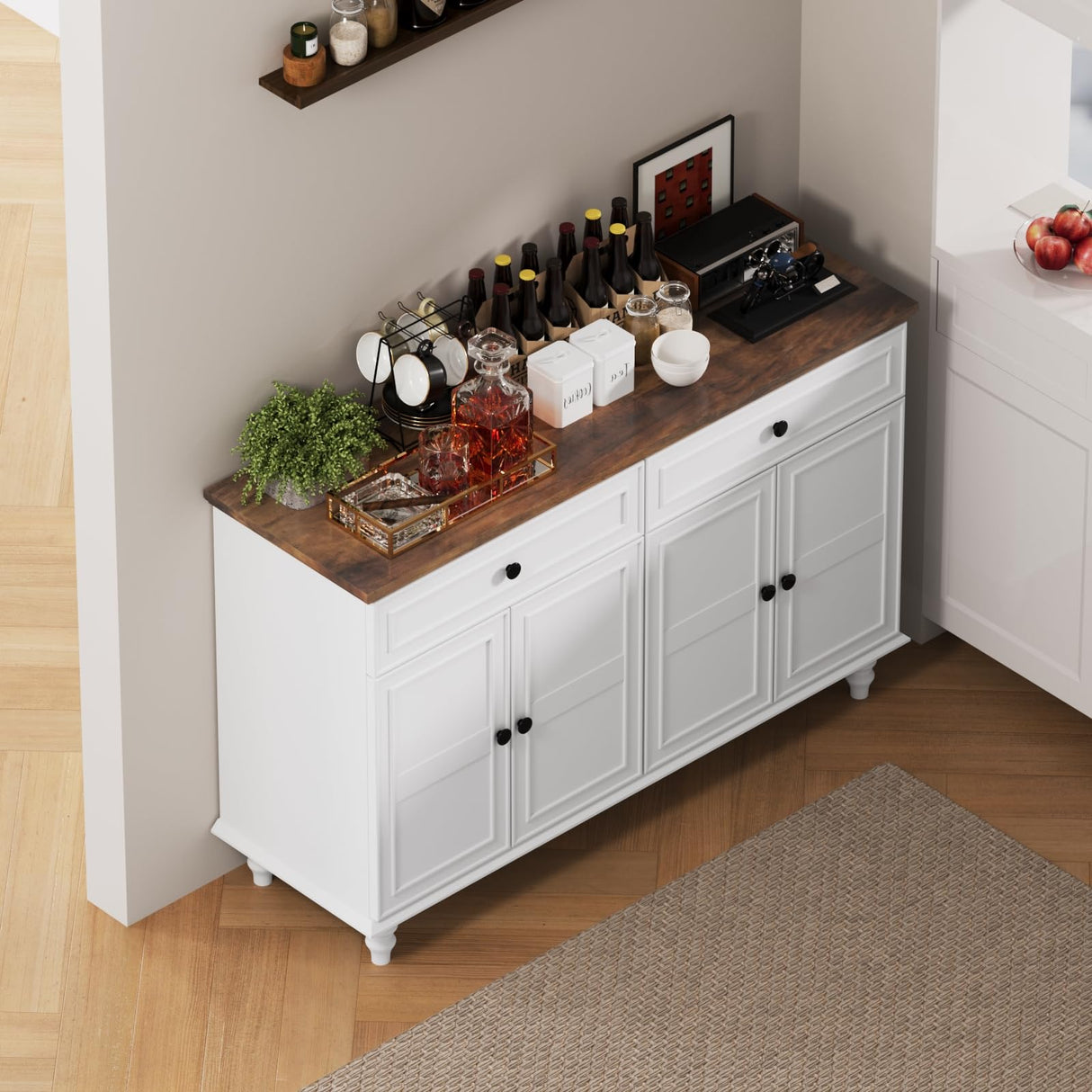 Farmhouse Buffet Cabinet with Storage, 47.6" Buffet Sideboard with 2 Drawers and 4 Doors, Wooden Kitchen Storage with Adjustable Shelves, Rustic Top Console Table for Dining Room, Kitchen or Entryway PROXRACER