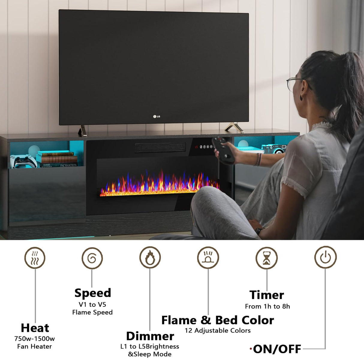 PUKAMI Fireplace TV Stand with 36" Electric Fireplace for TVs Up to 80", LED Light Entertainment Center with Highlight Storage Cabinet, 70 inch Modern Wood Media TV Console for Living Room, Black PUKAMI